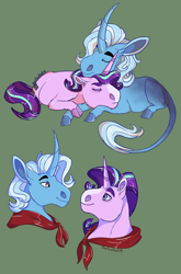 Size: 1500x2273 | Tagged: safe, artist:owlcoholik, starlight glimmer, trixie, pony, unicorn, g4, blaze (coat marking), coat markings, curved horn, facial markings, female, hoers, horn, leonine tail, lesbian, mare, ship:startrix, shipping, tail