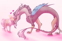 Size: 1280x843 | Tagged: safe, artist:cawterwaul, artist:thewabbithole, discord, fluttershy, draconequus, pegasus, pony, g4, blushing, colored hooves, cute, ear fluff, eyes closed, female, heart, leg fluff, male, mare, ship:discoshy, shipping, smiling, straight