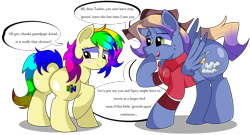 Size: 7400x4000 | Tagged: safe, artist:rainbowtashie, oc, oc:aerial agriculture, oc:rainbow tashie, alicorn, earth pony, pony, butt, clothes, commissioner:bigonionbean, cutie mark, dialogue, embarrassed, extra thicc, female, flank, fusion, fusion:bow hothoof, fusion:gentle breeze, fusion:igneous rock pie, fusion:night light, grandparents, hat, male, mare, nintendo 64, plot, simple background, stallion, stifling laughter, the ass was fat, transparent background, writer:bigonionbean