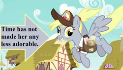 Size: 777x444 | Tagged: safe, edit, edited screencap, editor:korora, screencap, derpy hooves, g4, the last problem, arrow, captain obvious, cropped, cute, derpabetes, female, hat, letter, mailbag, mailmare hat, mailpony uniform, mare, older derpy hooves, package, ponyville, text, truth