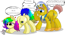 Size: 8000x4364 | Tagged: safe, artist:rainbowtashie, oc, oc:heartstrong flare, oc:rainbow tashie, alicorn, earth pony, mouse, pony, butt, clothes, commissioner:bigonionbean, conductor hat, cutie mark, dialogue, extra thicc, female, flank, fusion, fusion:caboose, fusion:promontory, fusion:silver zoom, fusion:sunburst, glasses, goggles, hat, male, mare, nervous, nintendo 64, plot, scared, simple background, stallion, the ass was fat, transparent background, uniform, wonderbolt trainee uniform, writer:bigonionbean