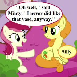 Size: 576x576 | Tagged: safe, edit, edited screencap, editor:korora, screencap, carrot top, golden harvest, roseluck, applejack's "day" off, g4, cropped, cute, cutie top, dialogue, female, implied minty, mare, noodle incident, oh minty minty minty, ponyville spa, rosabetes, speech bubble