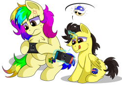 Size: 1280x894 | Tagged: safe, artist:rainbowtashie, oc, oc:rainbow tashie, oc:tommy the human, alicorn, earth pony, pony, alicorn oc, blue shell, colt, commissioner:bigonionbean, cross-popping veins, cute, cutie mark, female, focused, games, horn, magic, male, mare, mario kart, nintendo 64, nintendo switch, simple background, tongue out, transparent background, wings, writer:bigonionbean