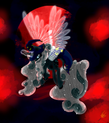 Size: 2115x2392 | Tagged: safe, artist:midnightfire1222, star swirl the bearded, pony, unicorn, g4, artificial wings, augmented, blood moon, clothes, evil, glowing horn, high res, horn, magic, magic wings, male, moon, nightmare star swirl, nightmarified, sharp teeth, solo, stallion, teeth, wings