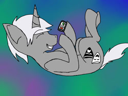 Size: 1024x768 | Tagged: safe, artist:stormyspark, oc, oc only, oc:charade, pony, cellphone, gradient background, phone, prank call, simple background, smartphone, solo