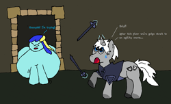 Size: 1617x981 | Tagged: safe, artist:ponycharade, oc, oc:charade, oc:jester bells, pony, unicorn, 1000 hours in ms paint, armor, dungeon, eyes closed, fat, female, horn, male, meta, misspelling, morbidly obese, obese, runescape, stuck, sword, unicorn oc, weapon