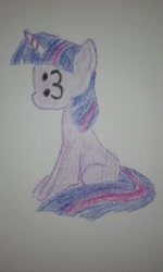 Size: 295x492 | Tagged: safe, anonymous artist, twilight sparkle, pony, unicorn, g4, 4chan, :3, adorawat, crayon drawing, cute, drawthread, exactly what it says on the tin, female, funny, missing cutie mark, not salmon, pun, requested art, simple background, solo, traditional art, unicorn twilight, visual pun, wat