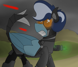 Size: 1400x1200 | Tagged: safe, artist:stemthebug, oc, oc only, oc:moth wing, pegasus, pony, fallout equestria, enclave, gun, solo, weapon