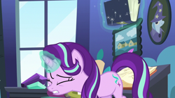 Size: 1280x720 | Tagged: safe, screencap, starlight glimmer, trixie, pony, unicorn, g4, the maud couple, cameo, eyes closed, female, flying books, gem, glowing horn, horn, magic, our town, pictures, solo focus, starlight's room, telekinesis, unaware