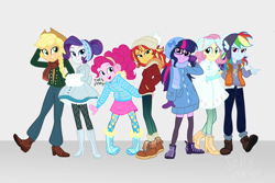 Size: 3000x2000 | Tagged: safe, artist:saltymango, applejack, fluttershy, pinkie pie, rainbow dash, rarity, sci-twi, sunset shimmer, twilight sparkle, equestria girls, g4, boots, bundled up, bundled up for winter, clothes, cowboy hat, cute, dashabetes, earmuffs, female, glasses, hat, high res, humane five, humane seven, humane six, jackabetes, looking at you, ponytail, raribetes, sci-twiabetes, shimmerbetes, shoes, shyabetes, smiling, socks, thigh highs, thigh socks, twiabetes, winter outfit