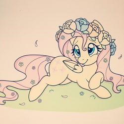 Size: 1080x1077 | Tagged: safe, artist:videogamecomicsyeet, fluttershy, pegasus, pony, g4, cute, eyelashes, female, floral head wreath, flower, lying down, mare, prone, shyabetes, smiling, solo