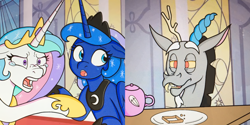 Size: 2160x1078 | Tagged: safe, artist:videogamecomicsyeet, discord, princess celestia, princess luna, alicorn, draconequus, pony, g4, angry, discord being discord, female, hoof shoes, jewelry, male, mare, meme, peytral, plate, teapot, teary eyes, tiara, trollcord, woman yelling at a cat