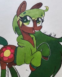 Size: 1080x1350 | Tagged: safe, artist:xyedoesthings, oc, oc only, oc:flower power, earth pony, pony, clothes, earth pony oc, eyelashes, female, mare, open mouth, smiling, solo, traditional art