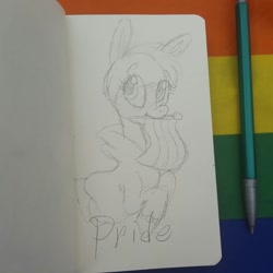 Size: 1080x1080 | Tagged: safe, artist:xyedoesthings, oc, oc only, oc:flower power, earth pony, pony, clothes, earth pony oc, eyelashes, female, gay pride flag, lineart, mare, mouth hold, pen, pride, pride flag, smiling, solo, traditional art