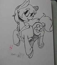 Size: 1080x1232 | Tagged: safe, artist:xyedoesthings, oc, oc only, oc:flower power, earth pony, pony, clothes, earth pony oc, eyelashes, female, lineart, mare, open mouth, signature, smiling, solo, traditional art