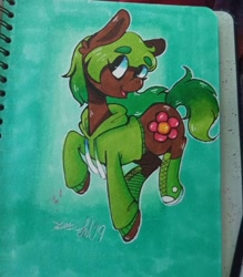 Size: 1080x1232 | Tagged: safe, artist:xyedoesthings, oc, oc only, oc:flower power, earth pony, pony, clothes, colored, earth pony oc, eyelashes, female, mare, open mouth, signature, smiling, solo, traditional art