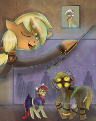 Size: 1789x2267 | Tagged: safe, artist:ladymonotone, apple bloom, applejack, big macintosh, granny smith, g4, big daddy, big sister, bioshock, little sister, rapture