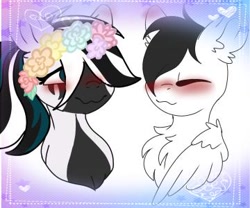Size: 360x300 | Tagged: safe, artist:skybloom95, oc, oc:zefia, pegasus, pony, zebra, base used, black and white, blushing, cute smile, ear blush, flower, flower in hair, grayscale, lowres, monochrome, oc x oc, original art, original character do not steal, pastel frame, shipping, simple background, sweet, white background