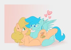 Size: 2896x2046 | Tagged: safe, artist:ponyangle, oc, oc only, oc:carrot leah, pegasus, pony, unicorn, chest fluff, female, high res, lesbian, looking at each other, mare, shipping, simple background