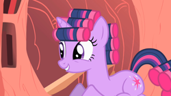 Size: 1280x720 | Tagged: safe, screencap, twilight sparkle, pony, unicorn, g4, look before you sleep, season 1, cute, female, golden oaks library, hair curlers, mare, solo, twiabetes, unicorn twilight