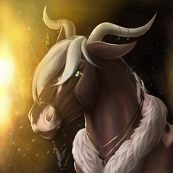 Size: 3000x3000 | Tagged: safe, artist:depixelator, horse, pony, bust, commission, commissions open, fur, gem, glowing, green eyes, high res, horns, jewelry, lineless, necklace, painting, semi-realistic, simple background, two toned mane, yellow background