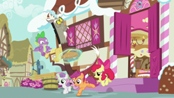 Size: 1920x1080 | Tagged: safe, screencap, apple bloom, discord, scootaloo, spike, sweetie belle, dragon, pony, g4, the big mac question, cutie mark crusaders, female, filly, food, pie, winged spike, wings