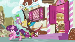 Size: 1920x1080 | Tagged: safe, screencap, discord, spike, sugar belle, dragon, pony, g4, the big mac question, bag, female, mare, saddle bag, winged spike, wings