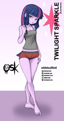 Size: 984x1860 | Tagged: safe, artist:oldskullkid, part of a set, twilight sparkle, equestria girls, barefoot, breasts, cleavage, clothes, feet, female, legs, looking at you, pajamas, sleeveless, solo