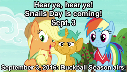 Size: 1280x720 | Tagged: safe, edit, edited screencap, screencap, applejack, rainbow dash, snails, earth pony, pony, 2 4 6 greaaat, buckball season, g4, bucket, caption, female, group, image macro, male, meme, propaganda, snails day, text