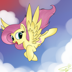 Size: 4000x4000 | Tagged: safe, artist:ser-p, fluttershy, pony, g4, absurd resolution, cloud, female, flying, solo