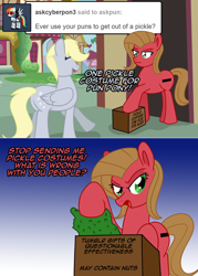 Size: 1076x1502 | Tagged: safe, artist:ladyanidraws, derpy hooves, oc, oc:pun, earth pony, pony, ask pun, g4, ask, pickle costume