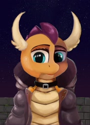 Size: 1920x2689 | Tagged: safe, artist:meodaiduoi, smolder, dragon, anthro, g4, collar, horn, looking at you, night, parka, simple background