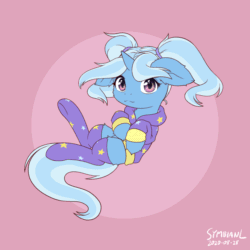 Size: 1200x1200 | Tagged: safe, artist:symbianl, trixie, pony, unicorn, alternate hairstyle, animated, babysitter trixie, clothes, cute, diatrixes, female, filly, filly trixie, floating, gameloft, gameloft interpretation, gif, hoodie, looking at you, pigtails, pink background, simple background, socks, solo, younger