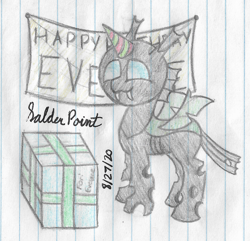 Size: 2007x1938 | Tagged: safe, artist:solder point, oc, oc only, changeling, banner, birthday, cute, fangs, happy, hat, lined paper, party hat, present, signature, smiling, solo, standing, traditional art