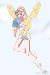 Size: 2000x3000 | Tagged: dead source, safe, artist:清酒上仙, fluttershy, rainbow dash, human, g4, carrying, child, clothes, duo, female, flying, high res, humanized, shorts, winged humanization, wings, younger