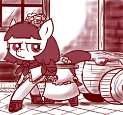 Size: 640x600 | Tagged: safe, artist:ficficponyfic, part of a set, oc, oc only, oc:mulberry telltale, cyoa:madness in mournthread, aside glance, bag, boots, cart, clothes, cyoa, dress, ears up, flower, headband, looking back, monochrome, neckerchief, pulling, shawl, shoes, story included, street, suspicious, window