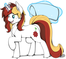 Size: 793x711 | Tagged: safe, artist:notetaker, oc, oc only, oc:scarlet serenade, pony, unicorn, commission, female, full body, magic, mare, pillow, simple background, solo, transparent background