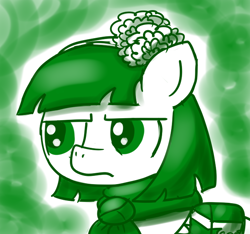 Size: 640x600 | Tagged: safe, artist:ficficponyfic, part of a set, oc, oc only, oc:mulberry telltale, earth pony, pony, cyoa:madness in mournthread, bag, clothes, cyoa, flower, frown, headband, looking to the left, monochrome, neckerchief, shawl, story included, suspicious