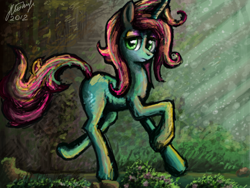 Size: 680x512 | Tagged: safe, artist:dreamyskies, derpibooru exclusive, oc, pony, unicorn, abstract background, looking at you, rough sketch, scenery, signature, solo, unknown pony, walking away