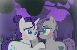 Size: 1576x1029 | Tagged: safe, artist:bittersweethare, artist:katsubases, maud pie, rarity, earth pony, pony, unicorn, g4, alternate hairstyle, base used, bedroom eyes, blushing, eyeshadow, female, jewelry, lesbian, makeup, mare, necklace, pearl necklace, raised hoof, ship:rarimaud, shipping, thick eyebrows
