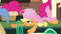 Size: 640x360 | Tagged: safe, screencap, applejack, pinkie pie, winter wisp, earth pony, pony, g4, games ponies play, animated, annoyed, asshat, balloonbutt, butt, butt touch, cropped, faceplant, female, hoof on butt, mare, offscreen character, plot, train