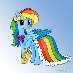 Size: 4000x4000 | Tagged: safe, artist:ser-p, rainbow dash, pegasus, pony, g4, absurd resolution, alternate hairstyle, clothes, cute, dashabetes, dress, female, gala dress, hoof shoes, mare, raised hoof, smiling, solo, two toned wings, wings