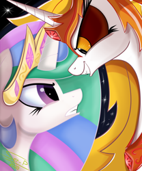 Size: 4000x4800 | Tagged: safe, artist:ser-p, daybreaker, princess celestia, alicorn, pony, g4, absurd resolution, bust, duality, eyelashes, female, looking at each other, mare, peytral