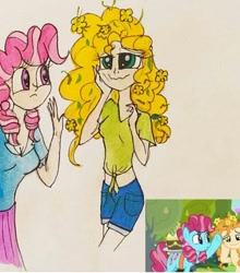 Size: 540x615 | Tagged: safe, artist:lunaart, screencap, cup cake, pear butter, human, g4, the perfect pear, buttercup, female, flower, flower in hair, front knot midriff, humanized, midriff, scene interpretation, traditional art