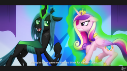 Size: 1920x1080 | Tagged: safe, artist:whitequartztheartist, princess cadance, queen chrysalis, alicorn, changeling, changeling queen, pony, g4, black, crystal empire, female, magic, pink