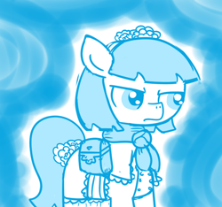 Size: 640x600 | Tagged: safe, artist:ficficponyfic, part of a set, oc, oc only, oc:mulberry telltale, cyoa:madness in mournthread, angry, bag, boots, clothes, cyoa, dress, flower, focused, headband, looking to the right, monochrome, neckerchief, shawl, shoes, story included