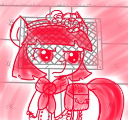 Size: 640x600 | Tagged: safe, artist:ficficponyfic, part of a set, oc, oc only, oc:mulberry telltale, cyoa:madness in mournthread, bag, boots, clothes, cyoa, dress, ears up, flower, frown, headband, looking through grate, monochrome, neckerchief, serious, serious face, shawl, shoes, story included, transparent