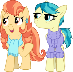 Size: 3000x2949 | Tagged: safe, artist:cloudy glow, aunt holiday, auntie lofty, earth pony, pony, g4, the last crusade, .ai available, clothes, duo, ear piercing, earring, female, high res, jewelry, lesbian, open mouth, piercing, raised hoof, scarf, ship:lofty day, shipping, simple background, smiling, sweater, transparent background, vector