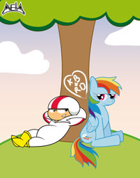 Size: 1098x1392 | Tagged: safe, artist:avellante, rainbow dash, pegasus, pony, g4, bedroom eyes, best ship, boyfriend and girlfriend, cloud, crossover, crossover shipping, female, having a moment, interspecies, kick buttowski, kick buttowski suburban daredevil, kickbow, male, public display of affection, shipping, smiling, straight, tree