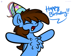 Size: 3250x2560 | Tagged: safe, artist:php142, oc, oc only, oc:pegasusgamer, pegasus, pony, birthday, bust, celebration, chest fluff, ear fluff, eyes closed, happy, hat, high res, simple background, transparent background, wings